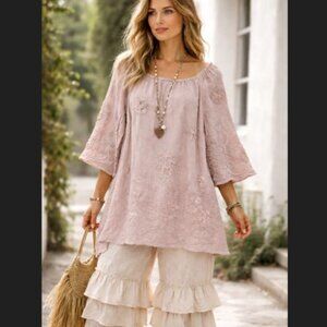Ali Miles Pink Embroidered Tunic Blouse‎ 1X Textured Boho Lagenlook Chic